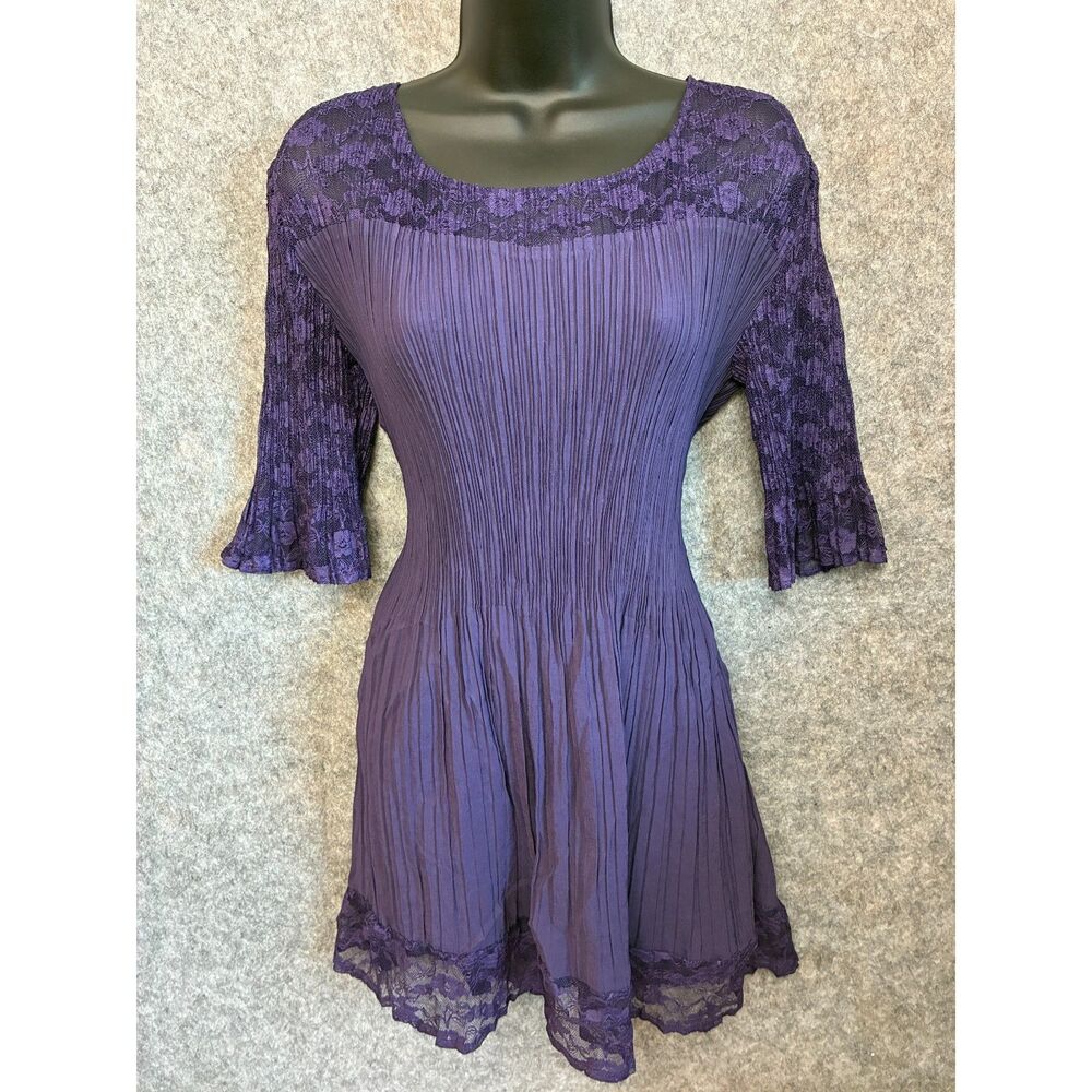 Whimsigoth Dark Fairy Purple Pleated Lace Trim Mini Dress Sheer Sleeve Stretchy